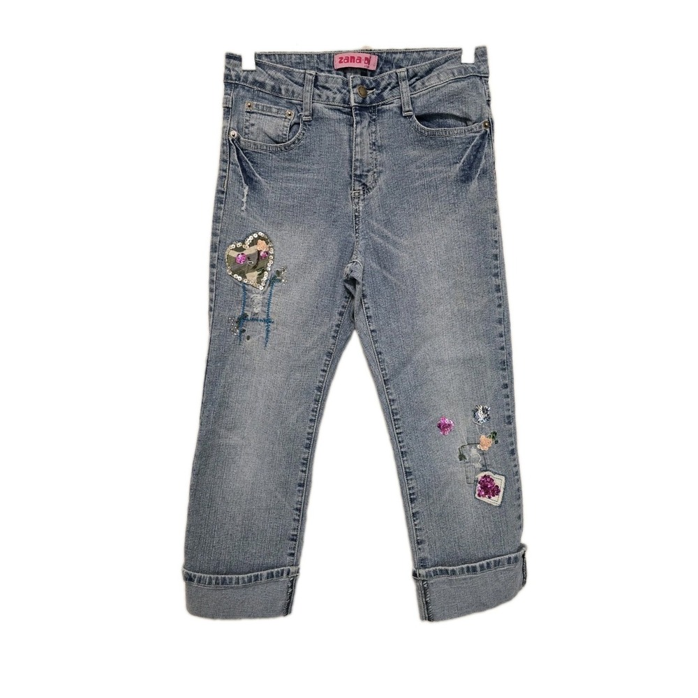 Zana Di Y2K Vintage Girls Blue Jeans Size 14 Sequin Hearts Embroidered